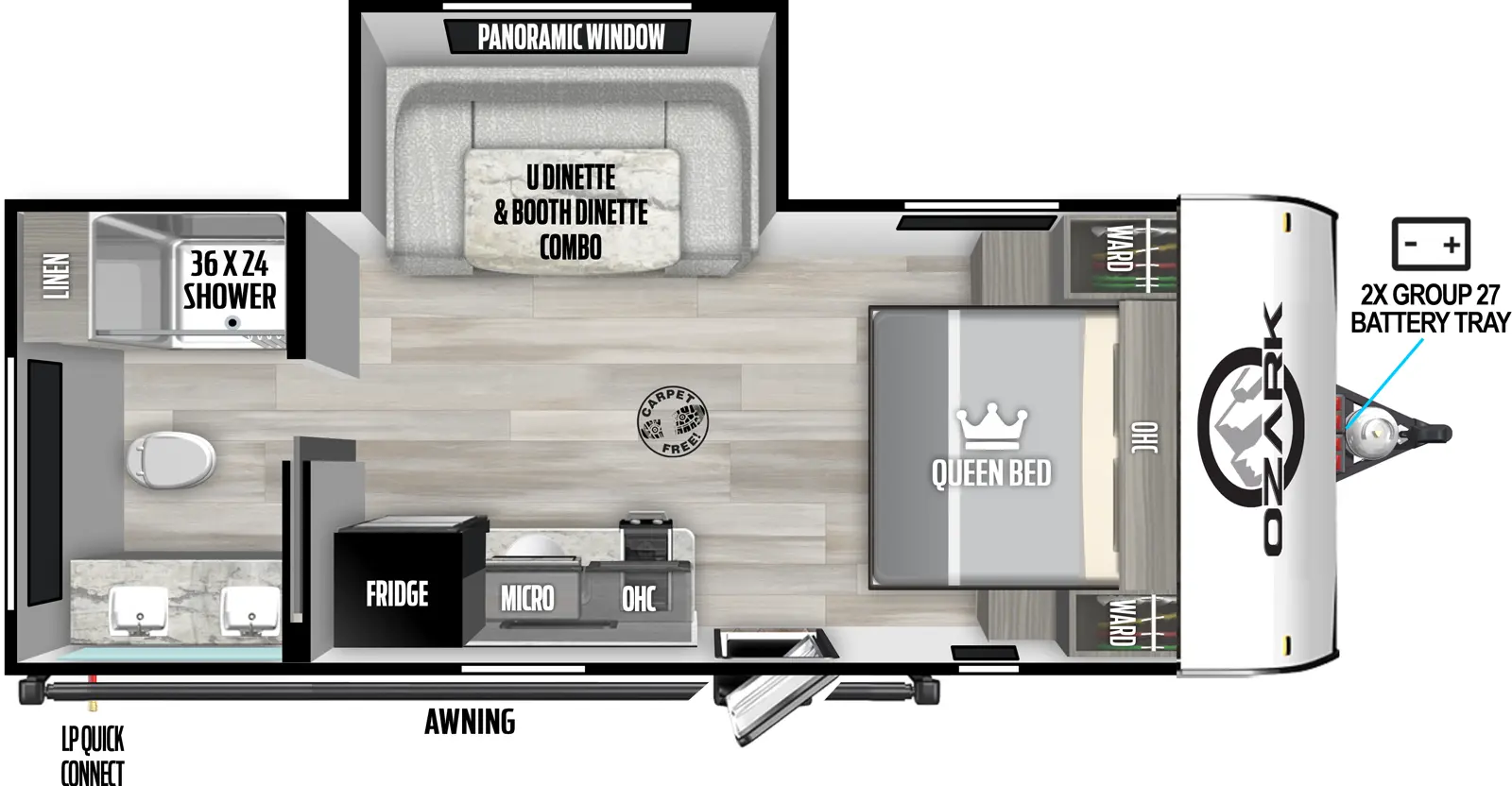 The Ozark 1670RB floorplan has one entry and one slide out. Exterior features include: fiberglass exterior. Interiors features include: u-dinette, front bedroom and rear bathroom.